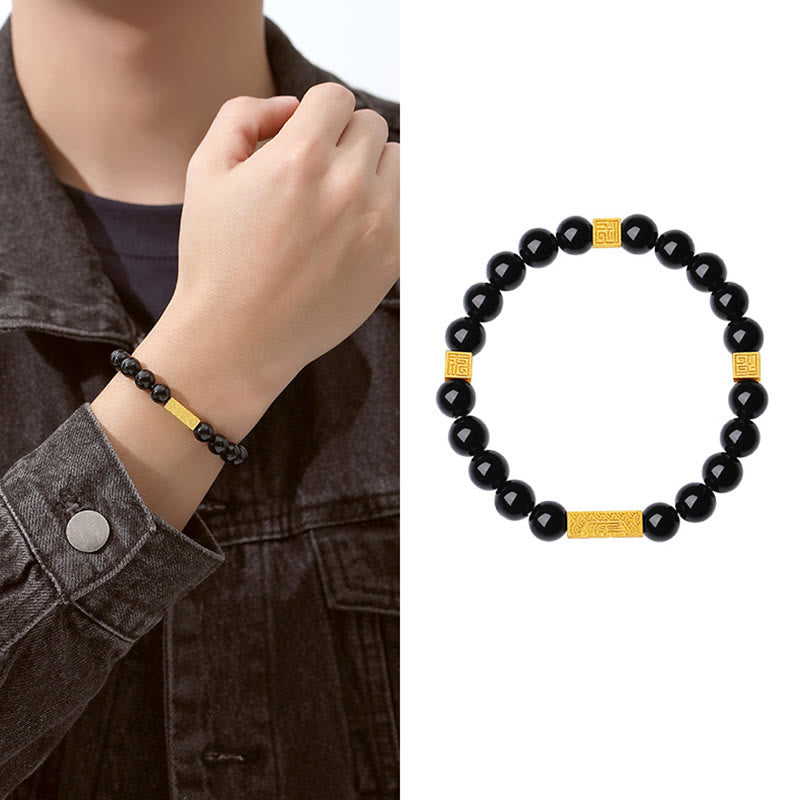 Pulsera de plata de ley 925 con obsidiana negra y cubo de fuerza con símbolo Fu de Buda