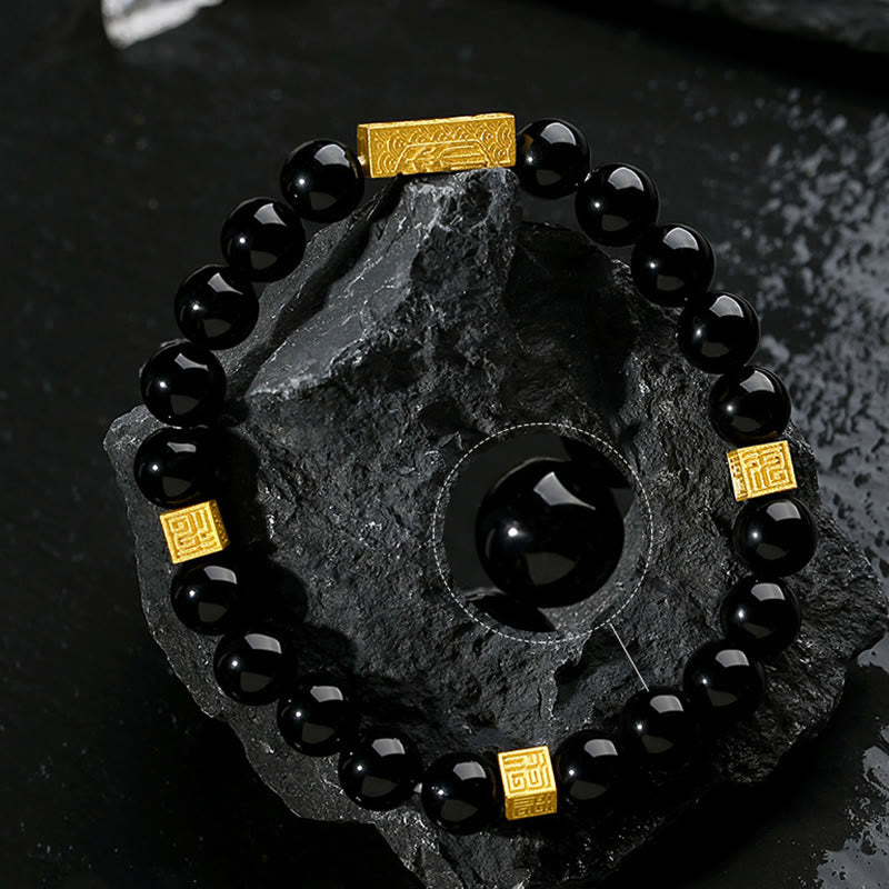 Pulsera de plata de ley 925 con obsidiana negra y cubo de fuerza con símbolo Fu de Buda