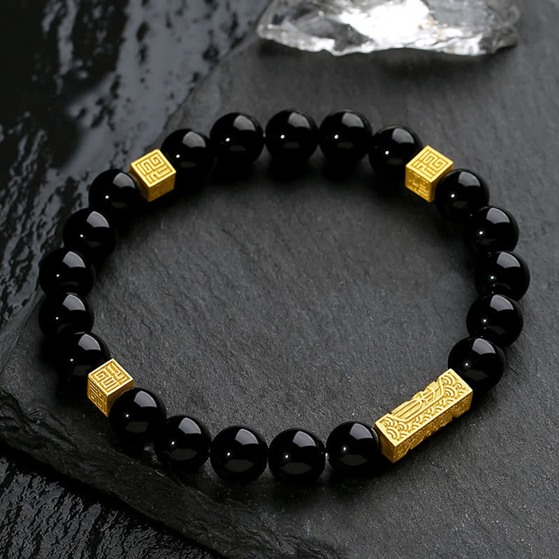 Pulsera de plata de ley 925 con obsidiana negra y cubo de fuerza con símbolo Fu de Buda