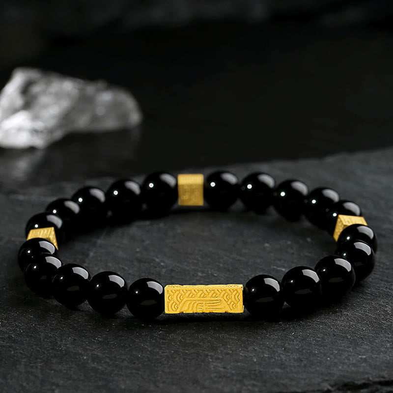 Pulsera de plata de ley 925 con obsidiana negra y cubo de fuerza con símbolo Fu de Buda