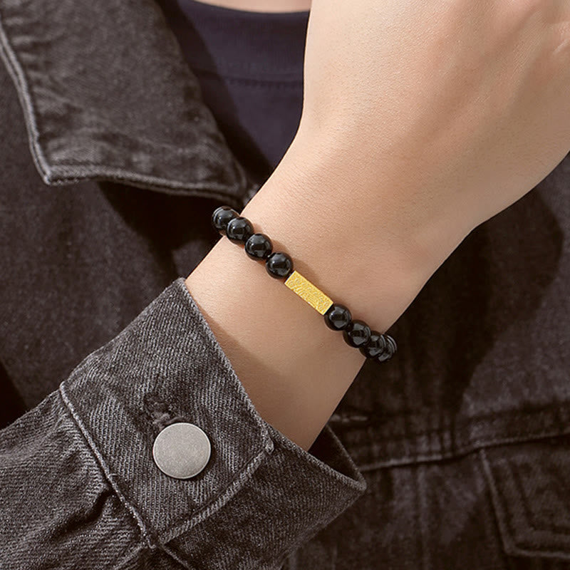 Pulsera de plata de ley 925 con obsidiana negra y cubo de fuerza con símbolo Fu de Buda