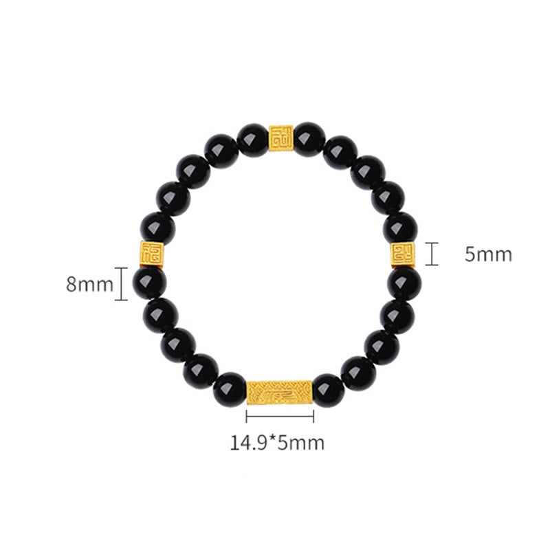 Pulsera de plata de ley 925 con obsidiana negra y cubo de fuerza con símbolo Fu de Buda