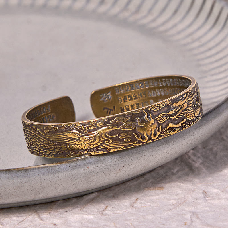 Pulsera de la suerte de cobre y latón tallado con el Sutra del Corazón de Buda, Dragón y Fénix jugando con una perla