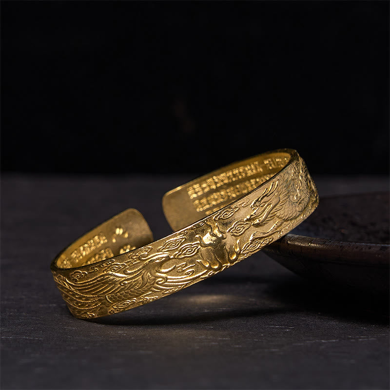 Pulsera de la suerte de cobre y latón tallado con el Sutra del Corazón de Buda, Dragón y Fénix jugando con una perla