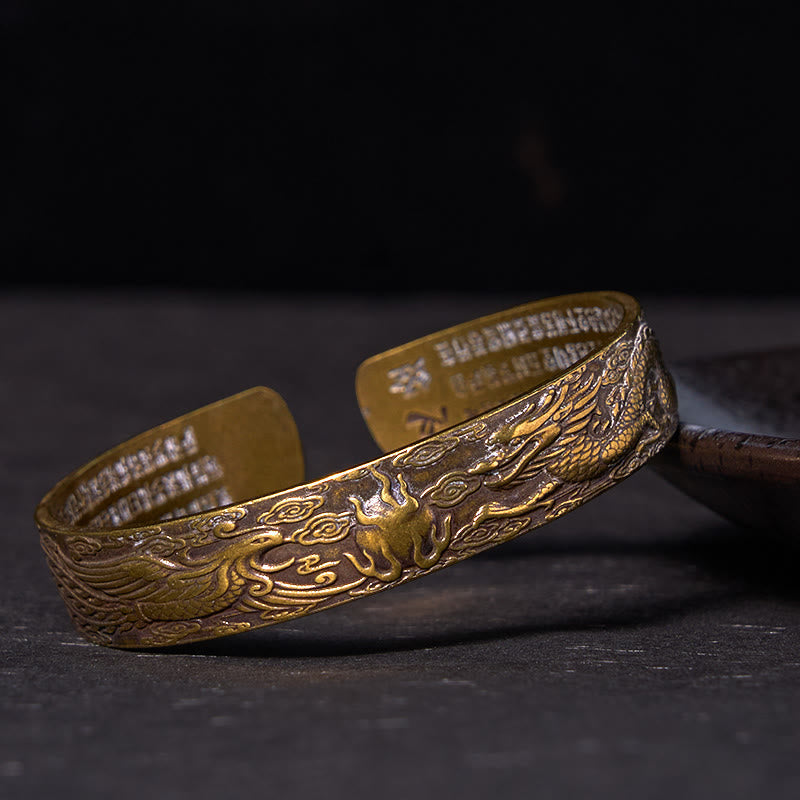 Pulsera de la suerte de cobre y latón tallado con el Sutra del Corazón de Buda, Dragón y Fénix jugando con una perla