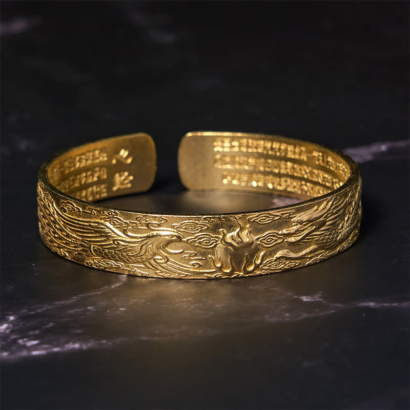 Pulsera de la suerte de cobre y latón tallado con el Sutra del Corazón de Buda, Dragón y Fénix jugando con una perla