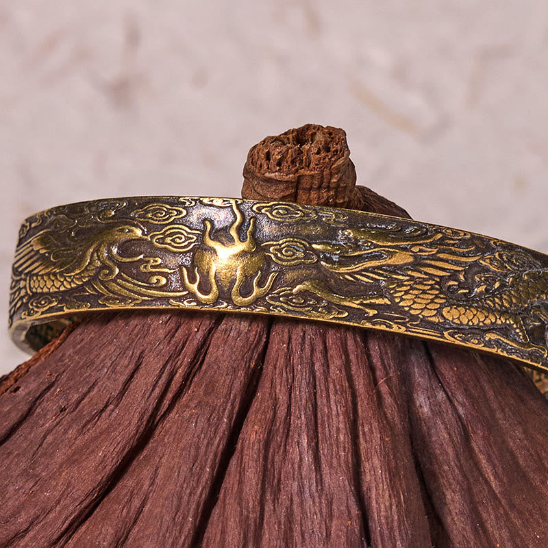 Pulsera de la suerte de cobre y latón tallado con el Sutra del Corazón de Buda, Dragón y Fénix jugando con una perla