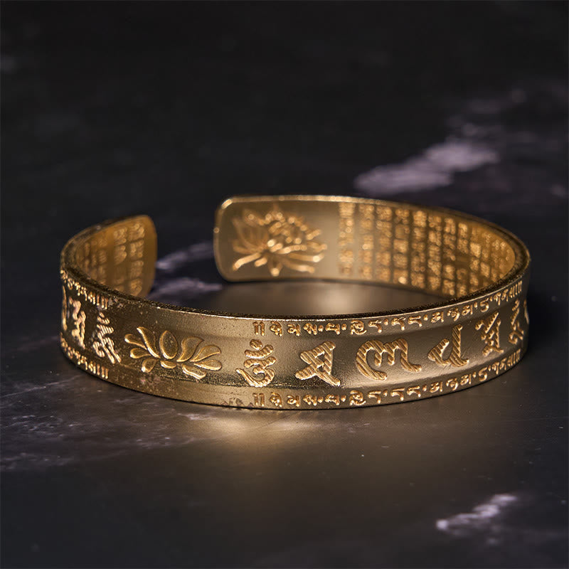 Brazalete de la paz de cobre y latón con seis palabras verdaderas de Buda, Om Mani Padme Hum, Sutra del Corazón, loto