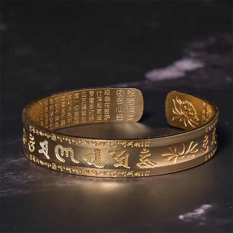 Brazalete de la paz de cobre y latón con seis palabras verdaderas de Buda, Om Mani Padme Hum, Sutra del Corazón, loto