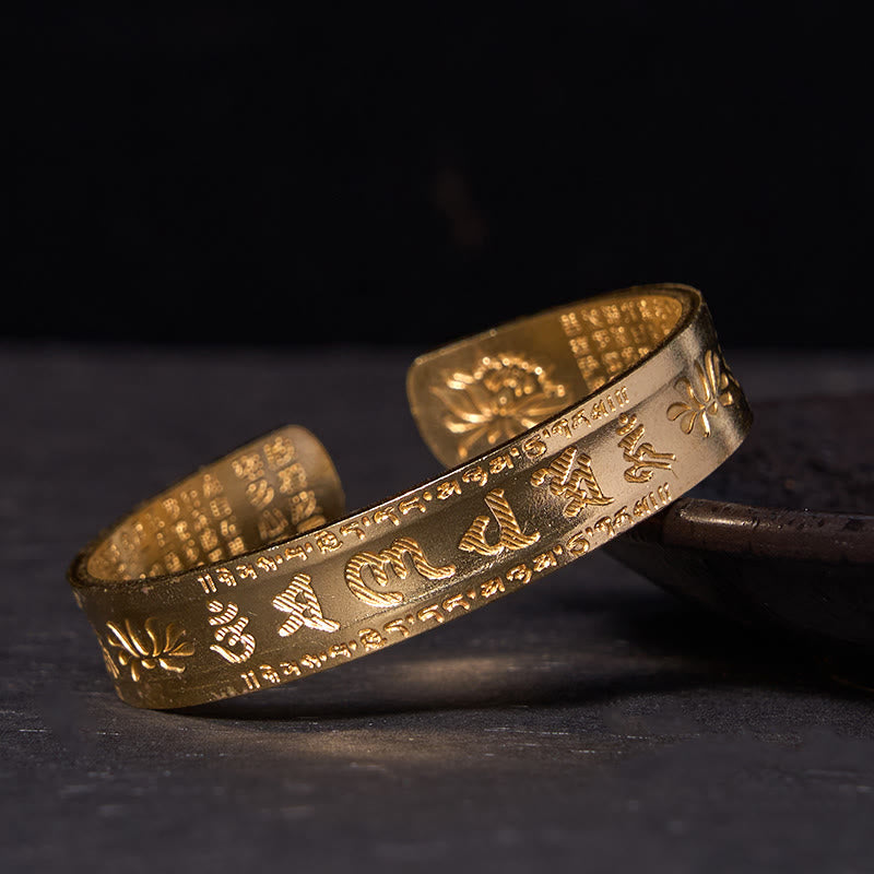 Brazalete de la paz de cobre y latón con seis palabras verdaderas de Buda, Om Mani Padme Hum, Sutra del Corazón, loto