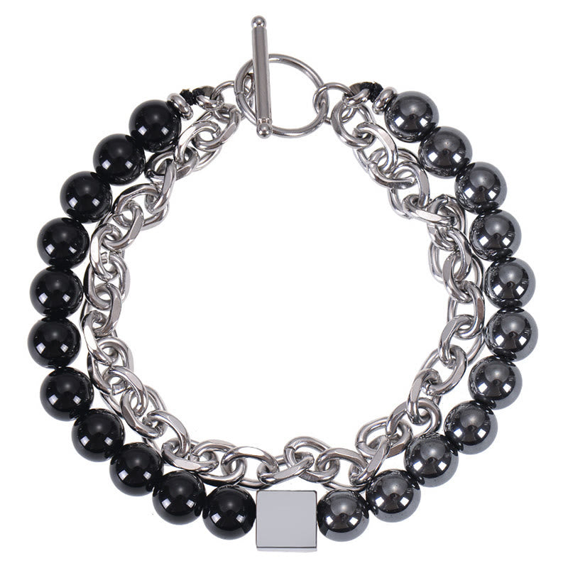 Pulsera de protección de doble vuelta con piedras de Buda, ojo de tigre colorido, piedra esmerilada, magnetita negra, acero y titanio.