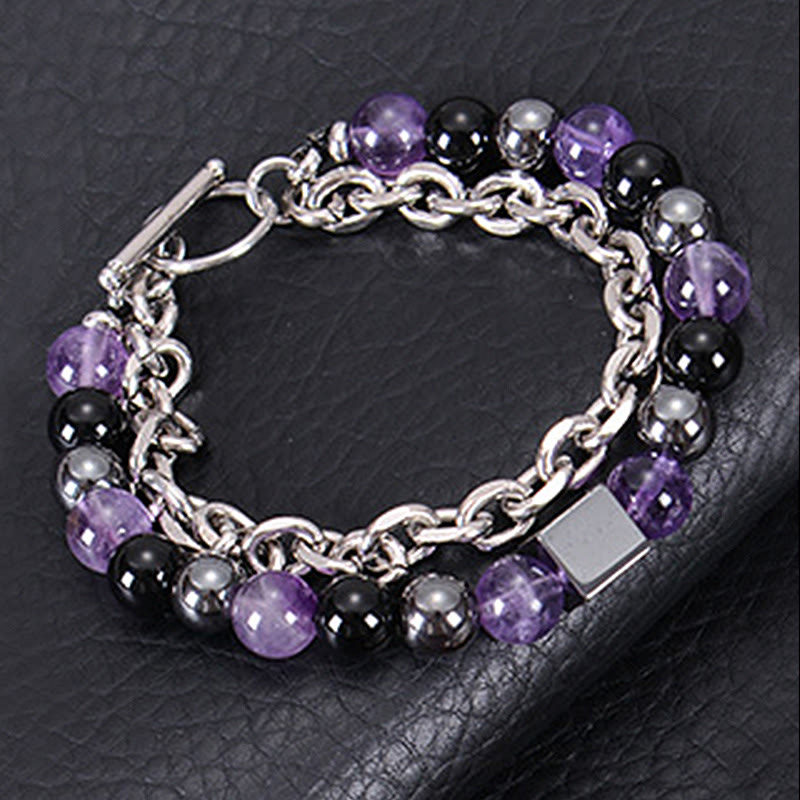 Pulsera de protección de doble vuelta con piedras de Buda, ojo de tigre colorido, piedra esmerilada, magnetita negra, acero y titanio.