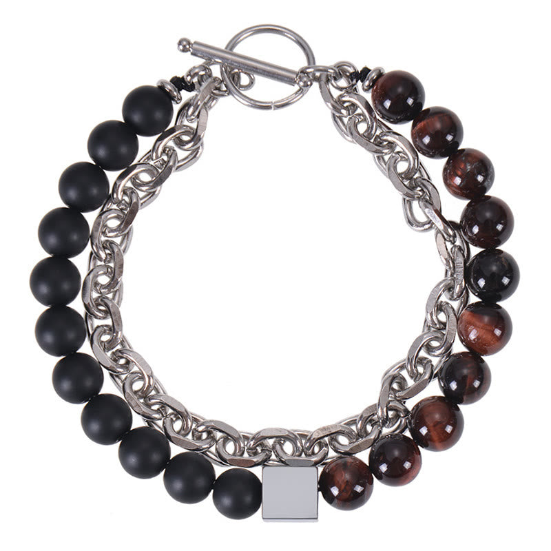 Pulsera de protección de doble vuelta con piedras de Buda, ojo de tigre colorido, piedra esmerilada, magnetita negra, acero y titanio.