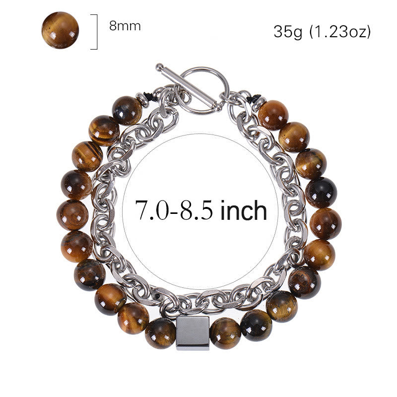 Pulsera de protección de doble vuelta con piedras de Buda, ojo de tigre colorido, piedra esmerilada, magnetita negra, acero y titanio.