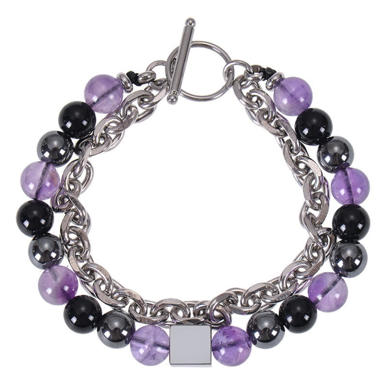 Pulsera de protección de doble vuelta con piedras de Buda, ojo de tigre colorido, piedra esmerilada, magnetita negra, acero y titanio.