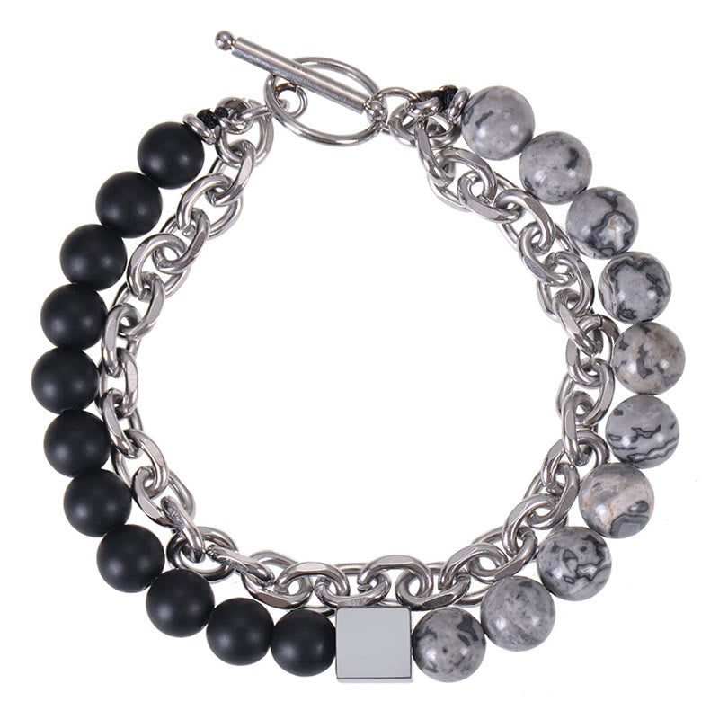 Pulsera de protección de doble vuelta con piedras de Buda, ojo de tigre colorido, piedra esmerilada, magnetita negra, acero y titanio.