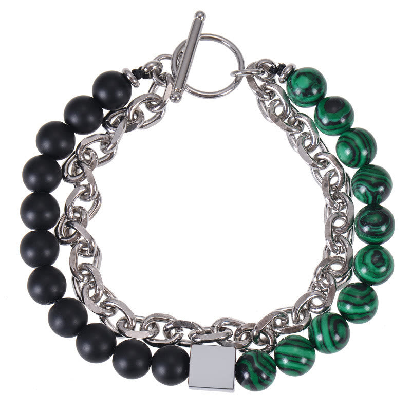 Pulsera de protección de doble vuelta con piedras de Buda, ojo de tigre colorido, piedra esmerilada, magnetita negra, acero y titanio.