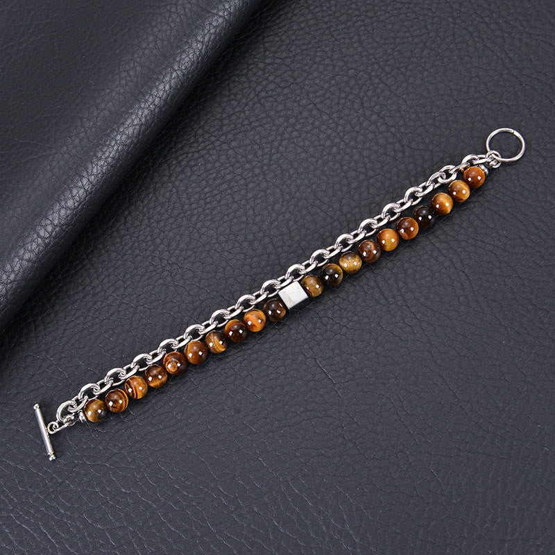 Pulsera de protección de doble vuelta con piedras de Buda, ojo de tigre colorido, piedra esmerilada, magnetita negra, acero y titanio.