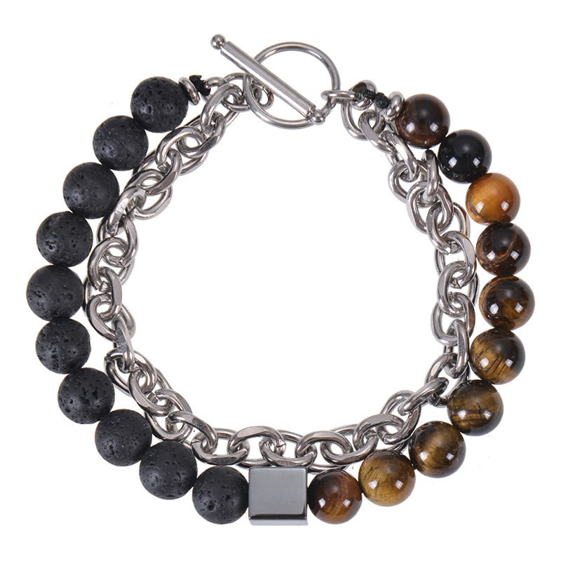 Pulsera de protección de doble vuelta con piedras de Buda, ojo de tigre colorido, piedra esmerilada, magnetita negra, acero y titanio.