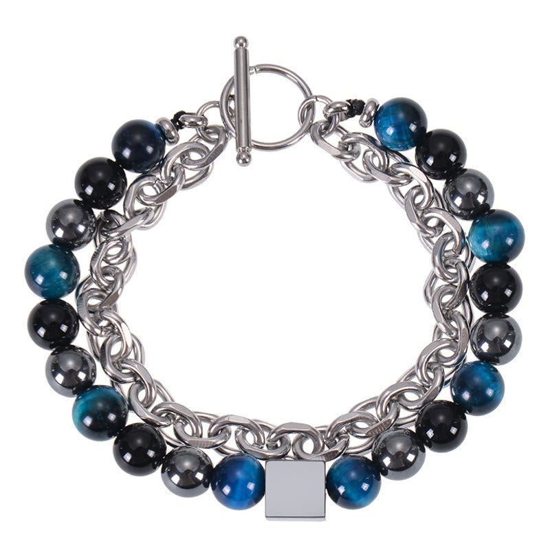 Pulsera de protección de doble vuelta con piedras de Buda, ojo de tigre colorido, piedra esmerilada, magnetita negra, acero y titanio.