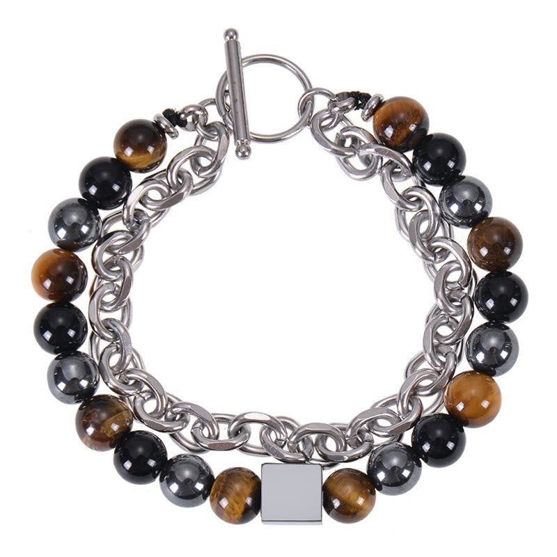 Pulsera de protección de doble vuelta con piedras de Buda, ojo de tigre colorido, piedra esmerilada, magnetita negra, acero y titanio.