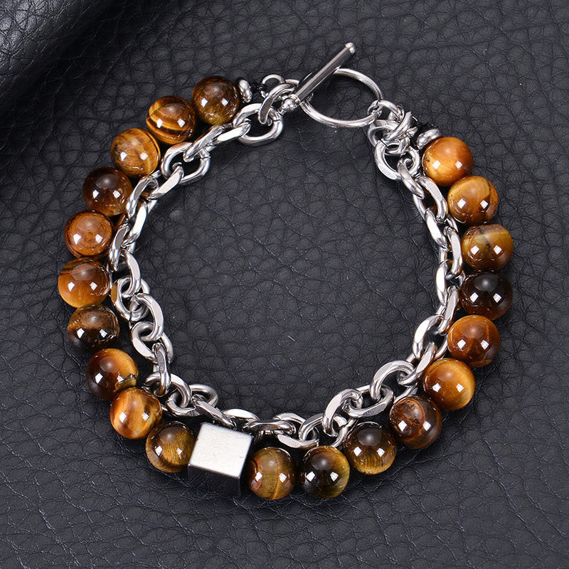 Pulsera de protección de doble vuelta con piedras de Buda, ojo de tigre colorido, piedra esmerilada, magnetita negra, acero y titanio.