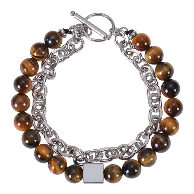 Pulsera de protección de doble vuelta con piedras de Buda, ojo de tigre colorido, piedra esmerilada, magnetita negra, acero y titanio.
