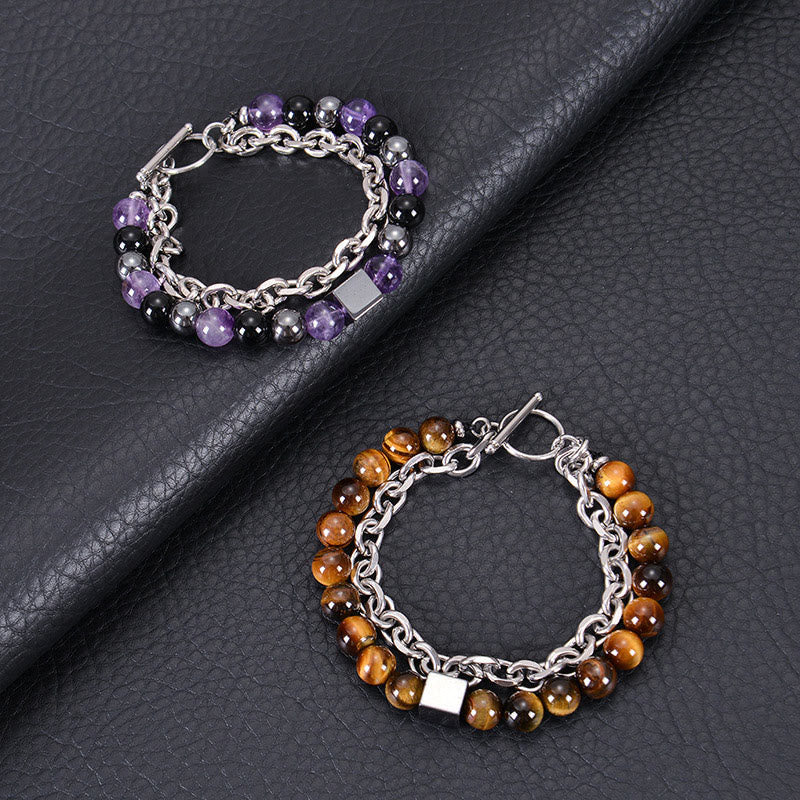 Pulsera de protección de doble vuelta con piedras de Buda, ojo de tigre colorido, piedra esmerilada, magnetita negra, acero y titanio.
