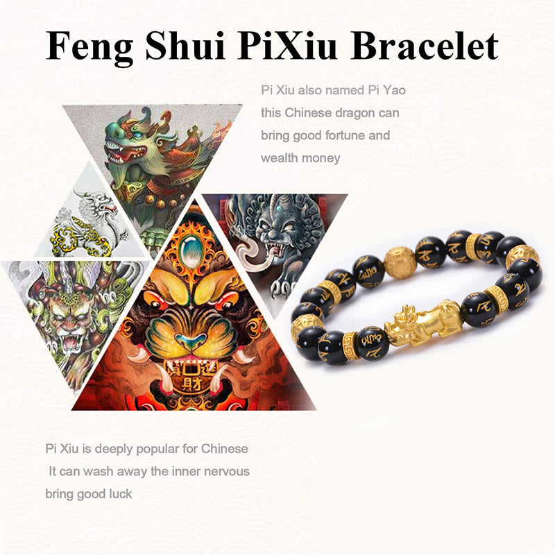 Pulsera de fuerza PiXiu Om Mani Padme Hum con piedras de Buda, obsidiana negra, aleación de ónix negro