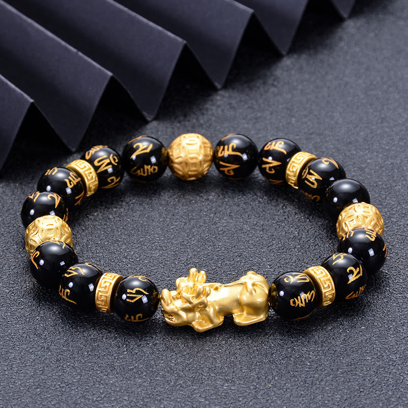 Pulsera de fuerza PiXiu Om Mani Padme Hum con piedras de Buda, obsidiana negra, aleación de ónix negro