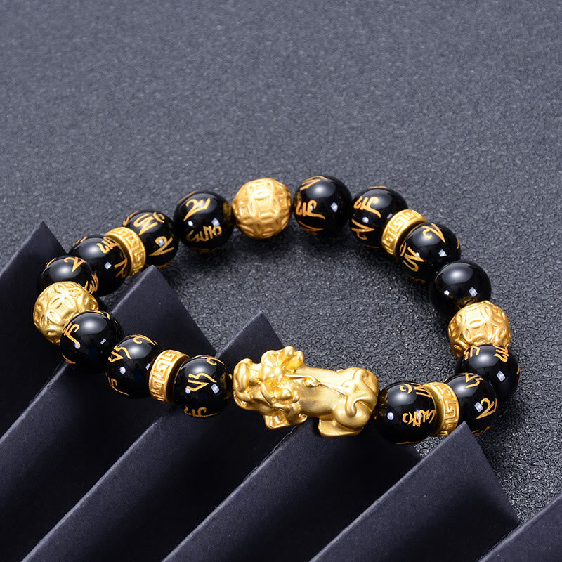 Pulsera de fuerza PiXiu Om Mani Padme Hum con piedras de Buda, obsidiana negra, aleación de ónix negro