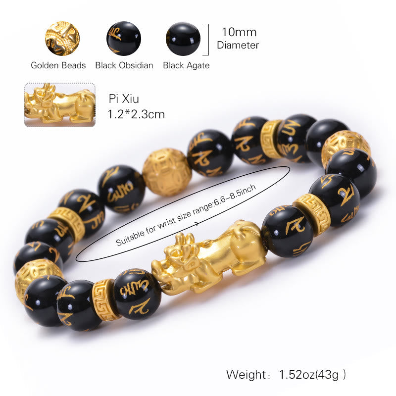 Pulsera de fuerza PiXiu Om Mani Padme Hum con piedras de Buda, obsidiana negra, aleación de ónix negro