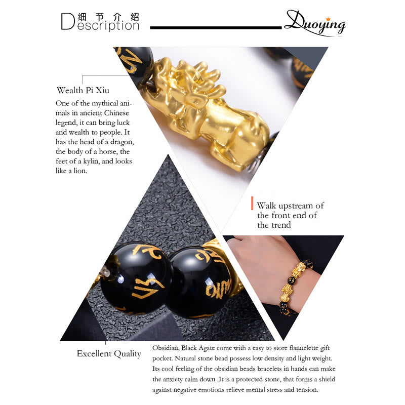 Pulsera de fuerza Om Mani Padme Hum con dos PiXiu de aleación dorada y piedras de Buda, obsidiana negra y ónix negro