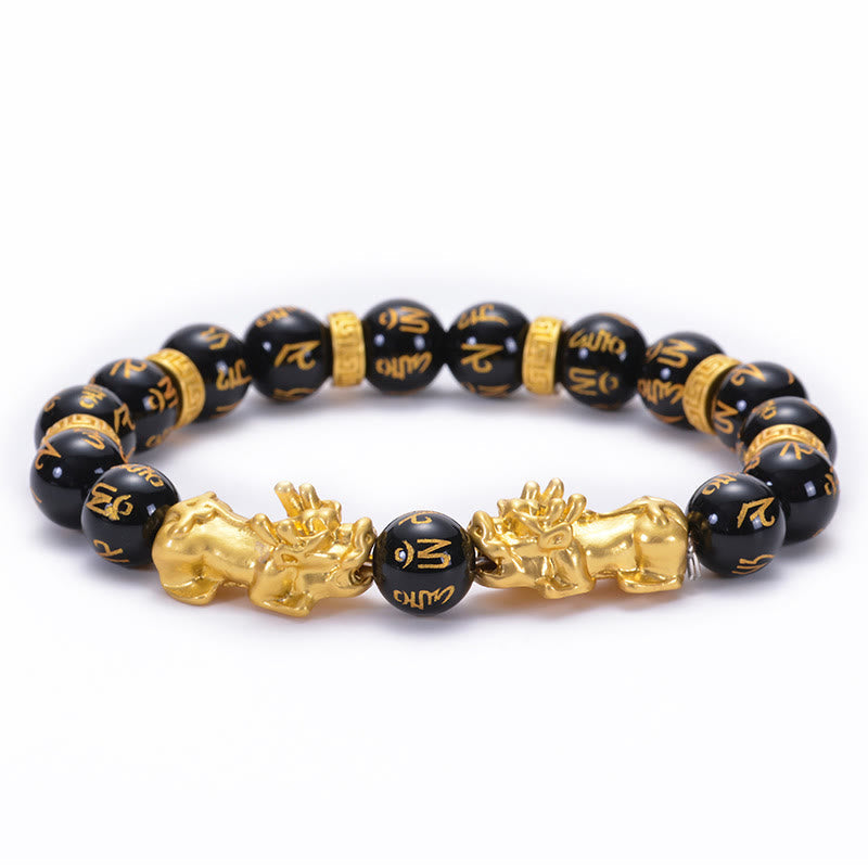 Pulsera de fuerza Om Mani Padme Hum con dos PiXiu de aleación dorada y piedras de Buda, obsidiana negra y ónix negro