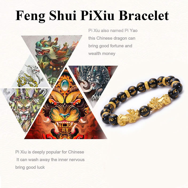 Pulsera de fuerza Om Mani Padme Hum con dos PiXiu de aleación dorada y piedras de Buda, obsidiana negra y ónix negro