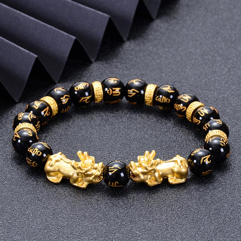 Pulsera de fuerza Om Mani Padme Hum con dos PiXiu de aleación dorada y piedras de Buda, obsidiana negra y ónix negro