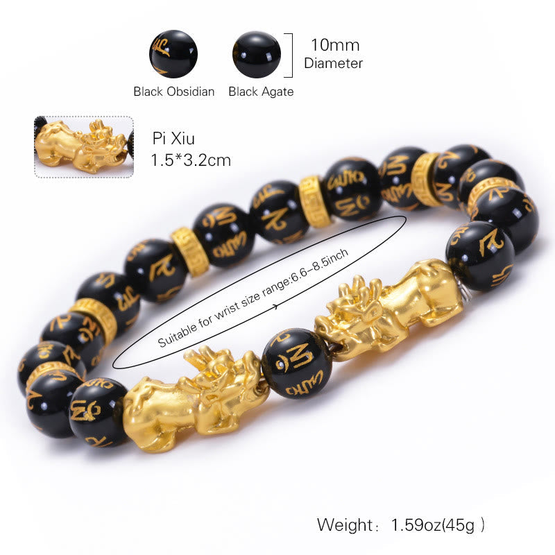 Pulsera de fuerza Om Mani Padme Hum con dos PiXiu de aleación dorada y piedras de Buda, obsidiana negra y ónix negro