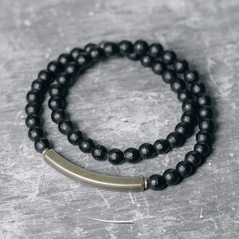 Pulsera protectora de doble vuelta con piedras de Buda, ónix negro, cobre y latón, con superficie esmerilada y corte
