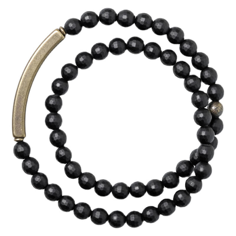 Pulsera protectora de doble vuelta con piedras de Buda, ónix negro, cobre y latón, con superficie esmerilada y corte