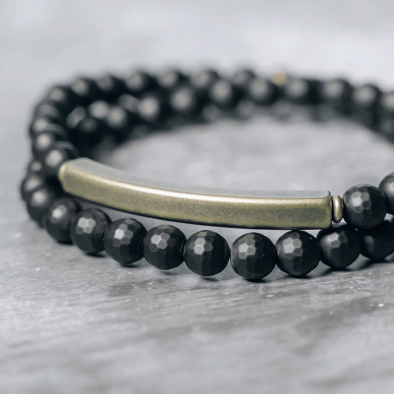 Pulsera protectora de doble vuelta con piedras de Buda, ónix negro, cobre y latón, con superficie esmerilada y corte