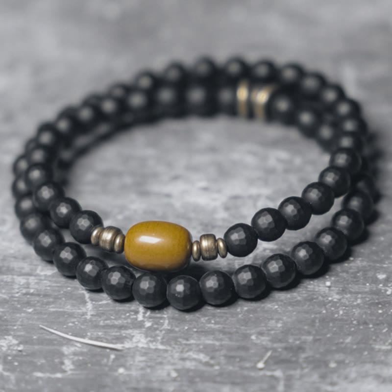Pulsera protectora de doble vuelta con cuentas de topacio ónix negro y superficie esmerilada de Buda