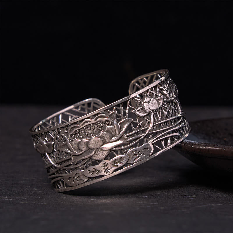 Buddha Stones Hohl Lotus Versilbertes Kupfer Heilung Erleuchtung Armband Armreif