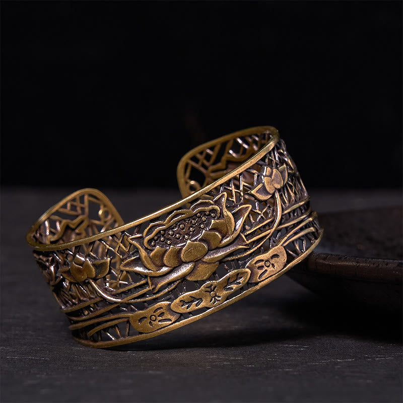 Buddha Stones Hohl Lotus Versilbertes Kupfer Heilung Erleuchtung Armband Armreif