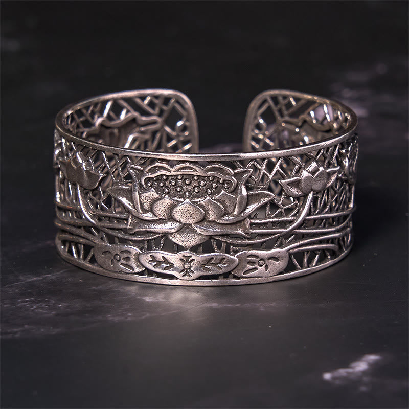 Buddha Stones Hohl Lotus Versilbertes Kupfer Heilung Erleuchtung Armband Armreif