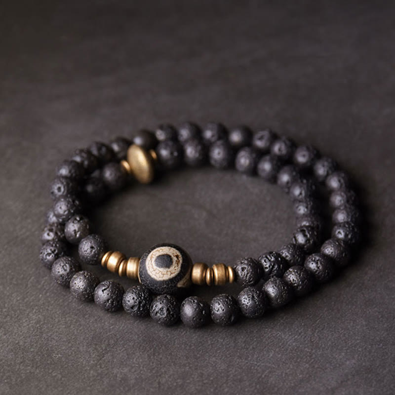 Pulsera curativa de doble vuelta con cuentas de latón y cobre de tres ojos de roca de lava vintage de Buda