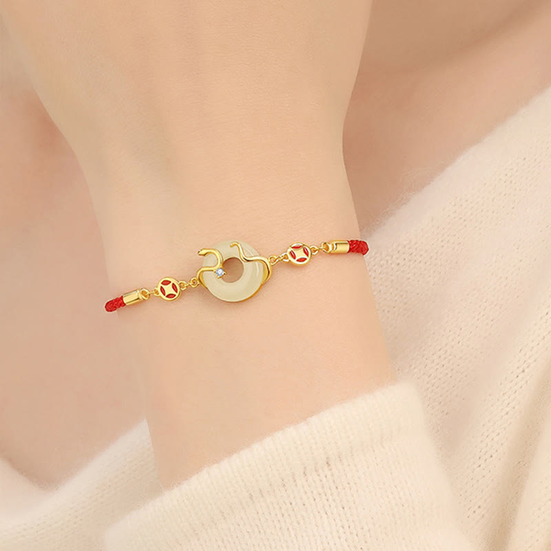 Pulsera de la prosperidad con hilo rojo del Año de la Serpiente en plata de ley 925 con monedas de la paz, jade hetiano y calcedonia, piedras de Buda