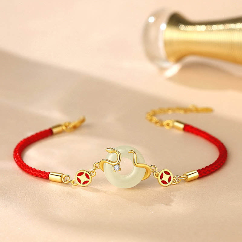 Pulsera de la prosperidad con hilo rojo del Año de la Serpiente en plata de ley 925 con monedas de la paz, jade hetiano y calcedonia, piedras de Buda