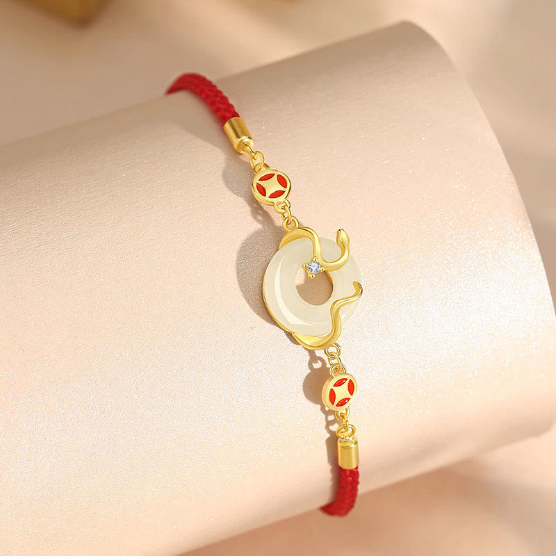 Pulsera de la prosperidad con hilo rojo del Año de la Serpiente en plata de ley 925 con monedas de la paz, jade hetiano y calcedonia, piedras de Buda