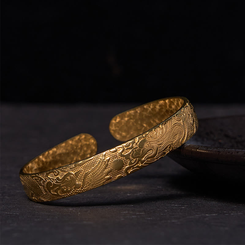 Pulsera de protección de la suerte de cobre y latón tallada con piedras de Buda, dragón y fénix jugando con una perla