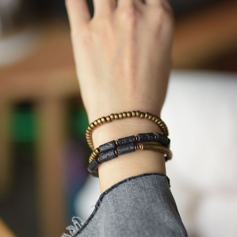 Pulsera de múltiples vueltas con piedras de Buda, roca de lava vintage, cobre y latón, para calmar